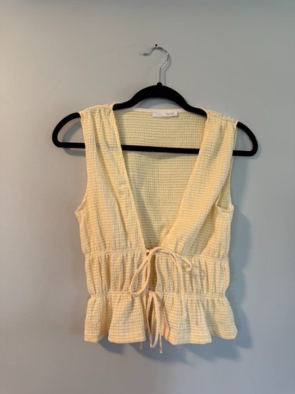 Zara Light Yellow Waffle Knit Tie-Front Tank Top